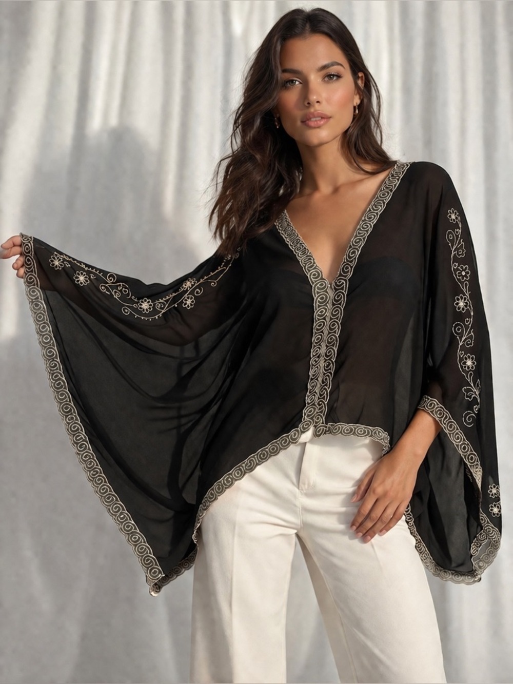 Bar lll Black Sheer Embroidered Kimono Top Boho Lightweight Cover-Up S/M(1274)